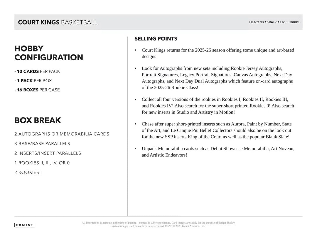 2025-26 Panini Court Kings Basketball Hobby Box