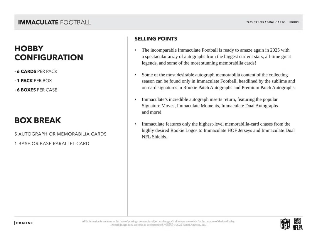 2025 Panini Immaculate Football Collection Sealed Case (6 Boxes)
