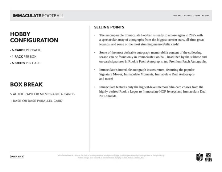 2025 Panini Immaculate Football Collection Sealed Case (6 Boxes)